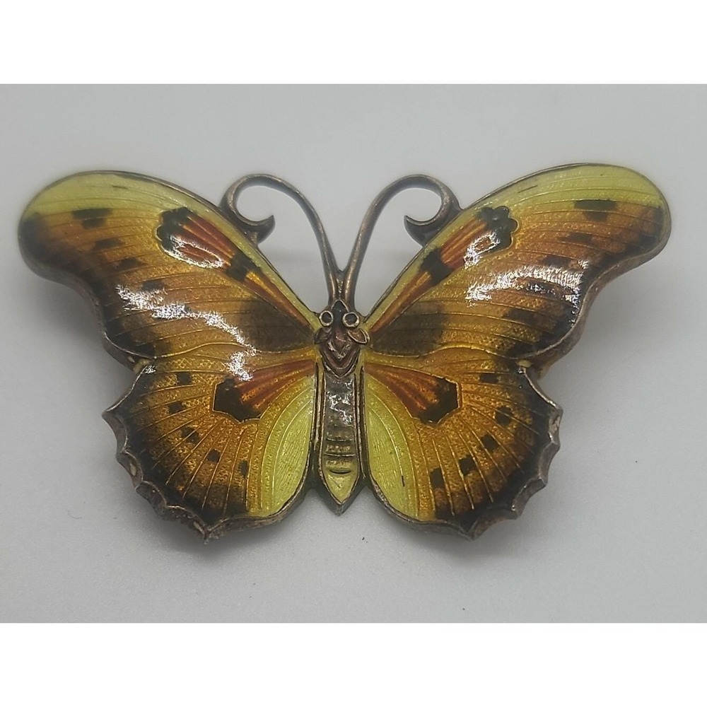 Vintage orange & yellow enamel BUTTERFLY marked "SILVER" brooch‎ pin